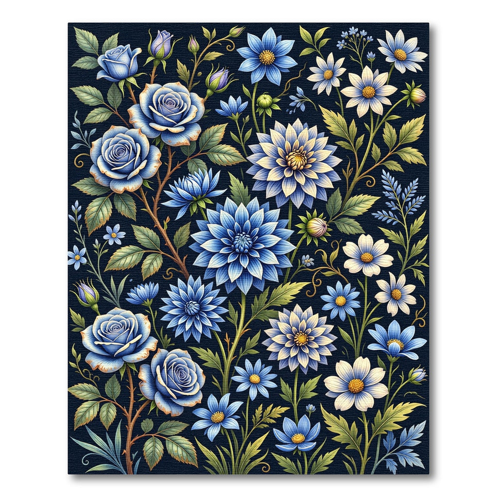 Rich Blue Floral Garden Composition Rug