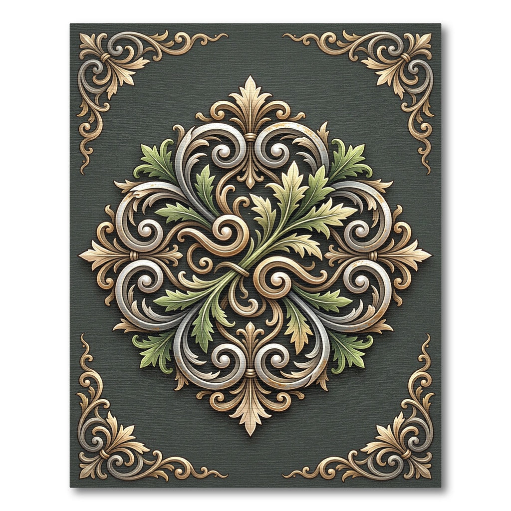 Elegant Sage Gold Acanthus Scroll Medallion Rug