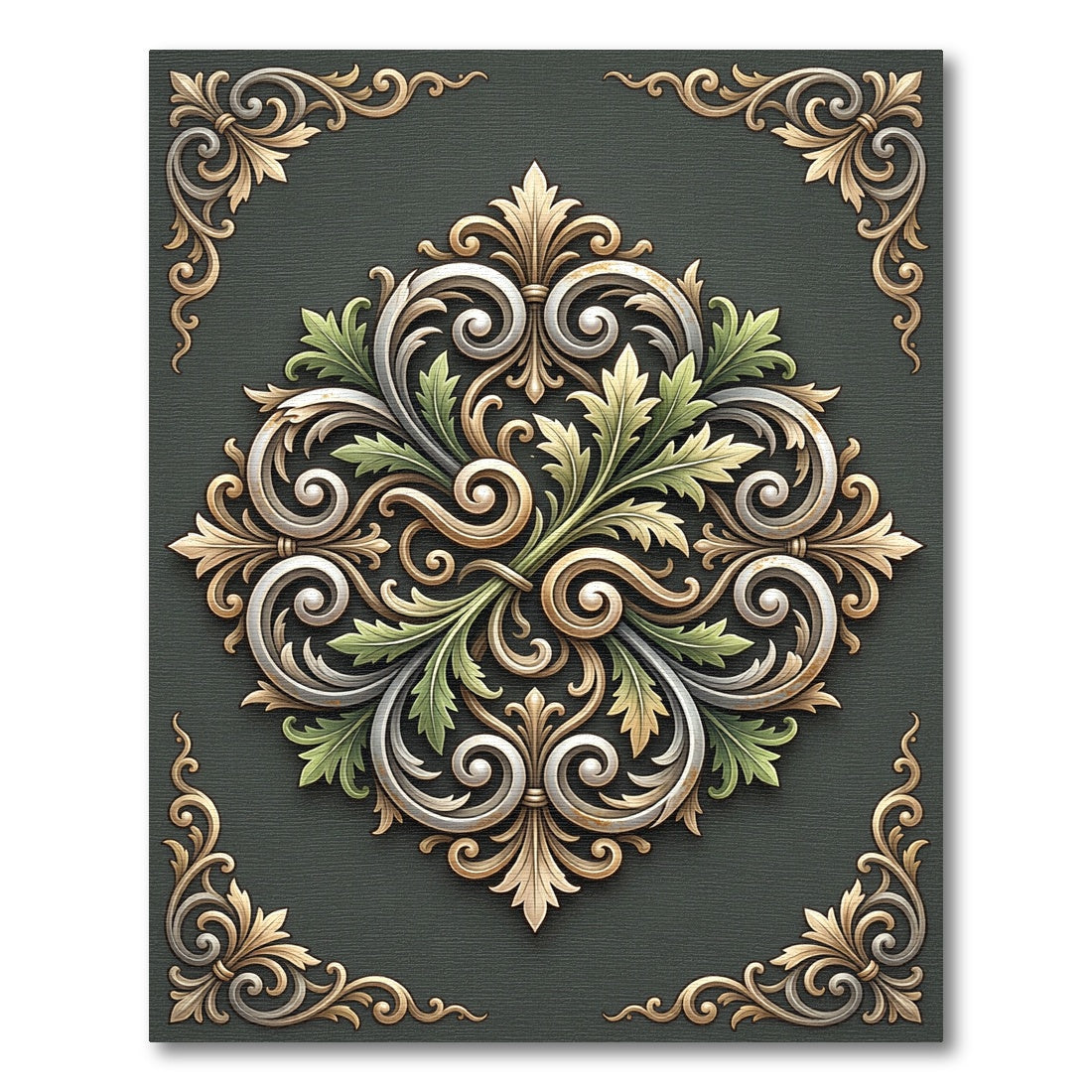 Elegant Sage Gold Acanthus Scroll Medallion Rug