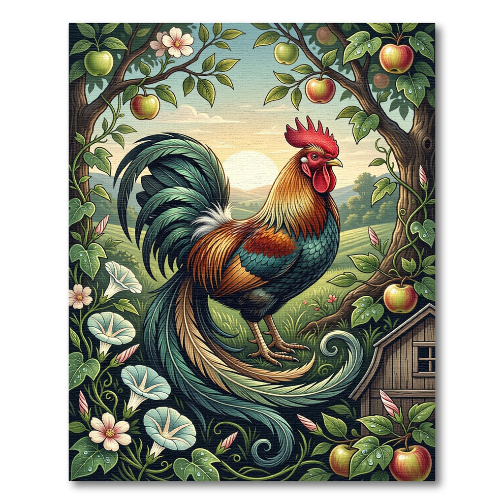 Vibrant Rooster with Apples Garden Scene Rug