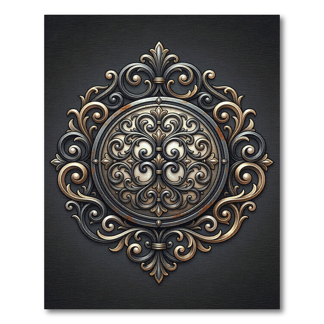 Ornate Black and Gold Scroll Medallion Rug