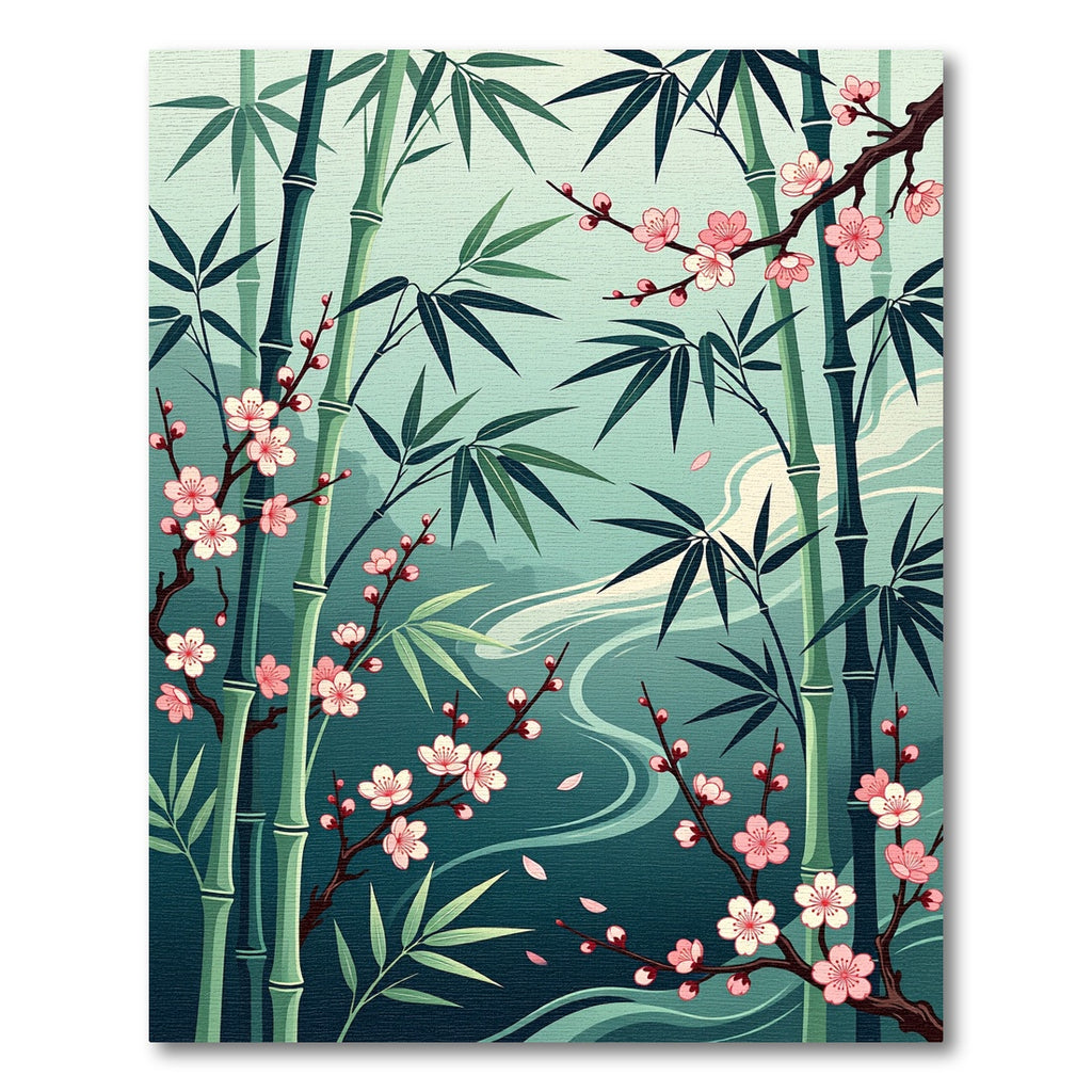 Serene Bamboo and Cherry Blossom Landscape Rug