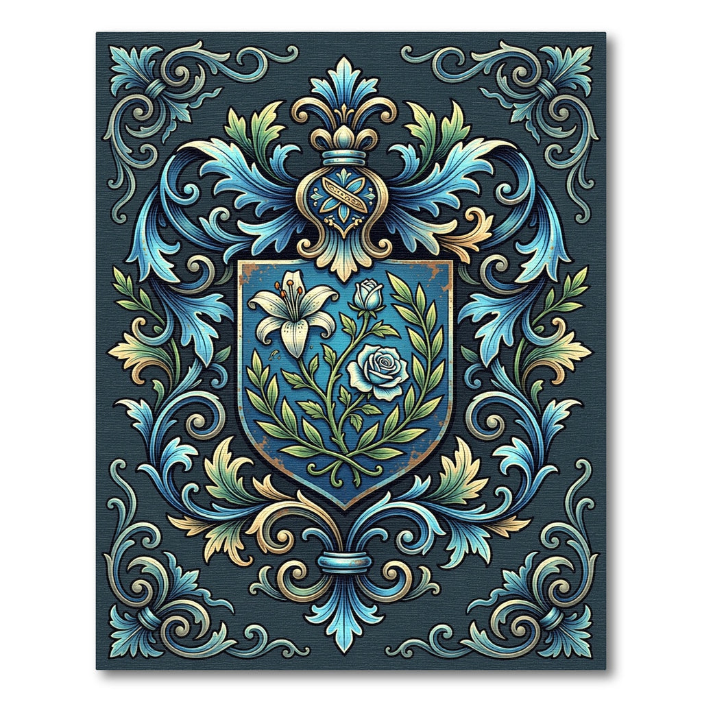 Blue Floral Heirloom Shield Scroll Rug
