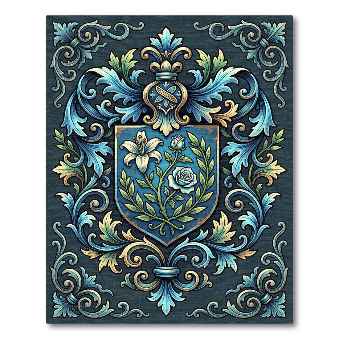 Blue Floral Heirloom Shield Scroll Rug