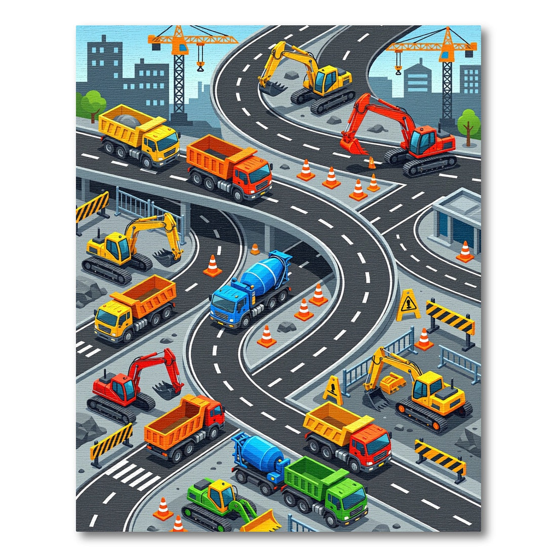 Vibrant Construction Site Isometric Roadway Rug