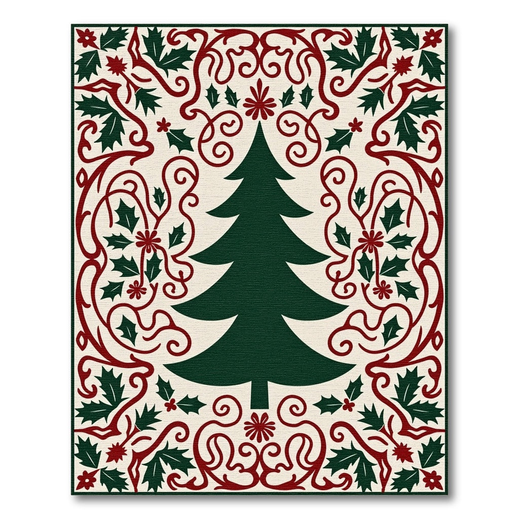 Festive Green Tree Holly Border Rug