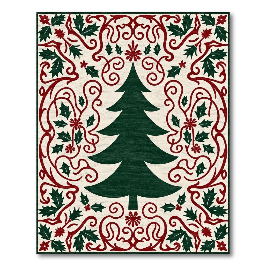Festive Green Tree Holly Border Rug