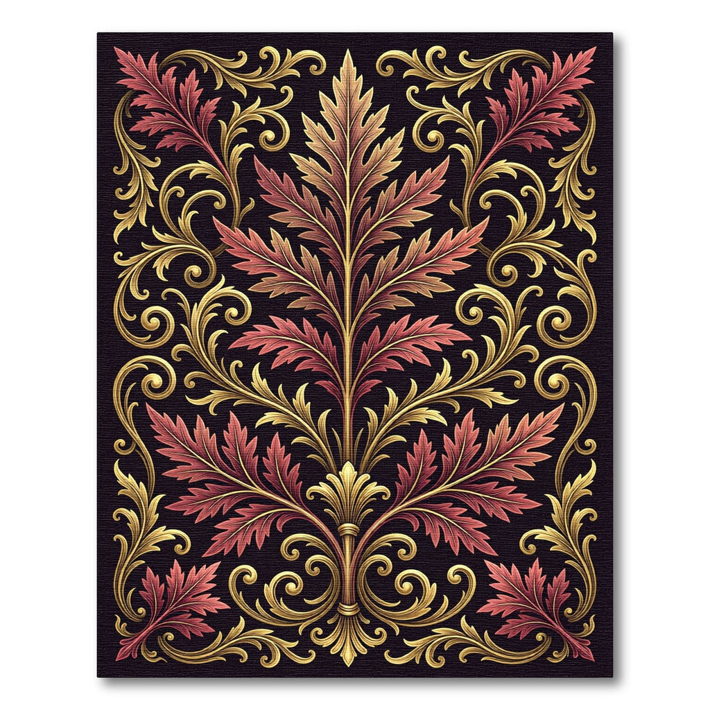 Gilded Crimson Foliage Ornate Scroll Rug