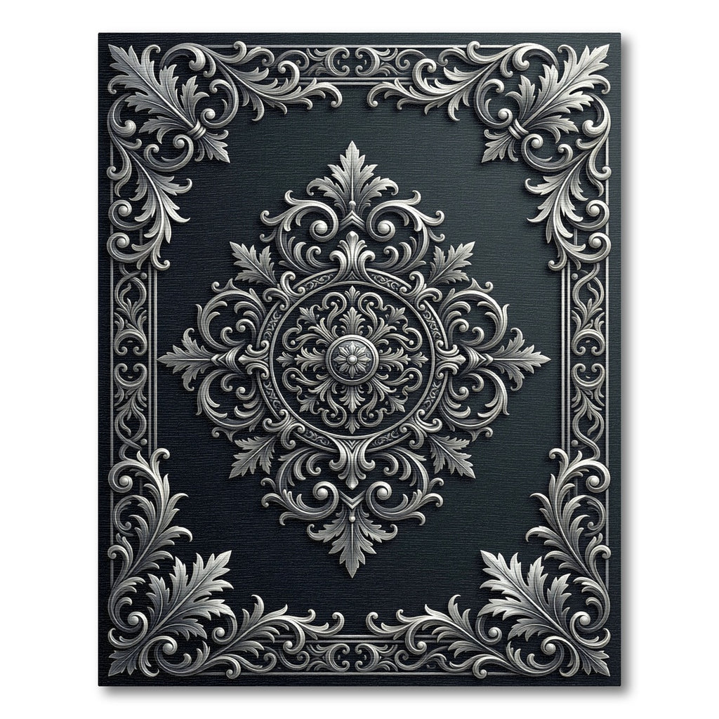 Ornate Silver Damask Charcoal Medallion Rug