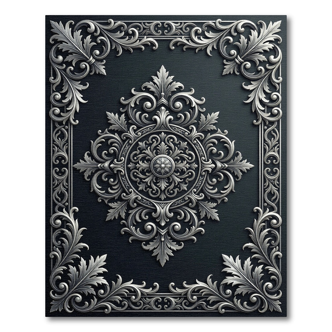 Ornate Silver Damask Charcoal Medallion Rug