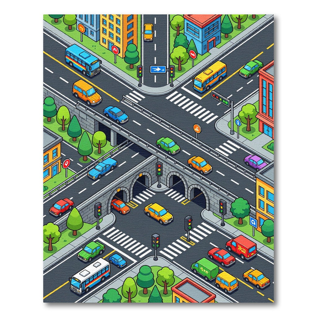 Colorful Isometric City Street Traffic Grid Rug