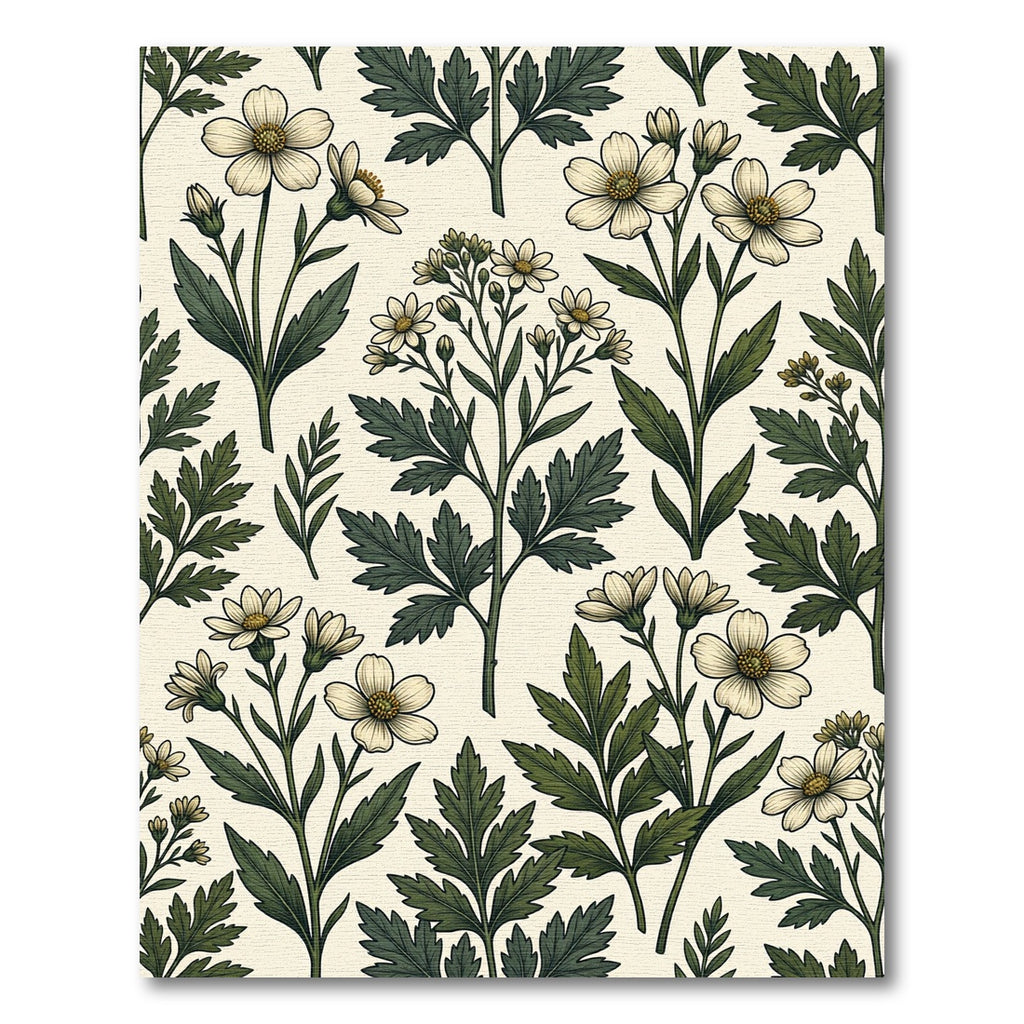 Vintage Botanical Green White Wildflower Meadow Rug