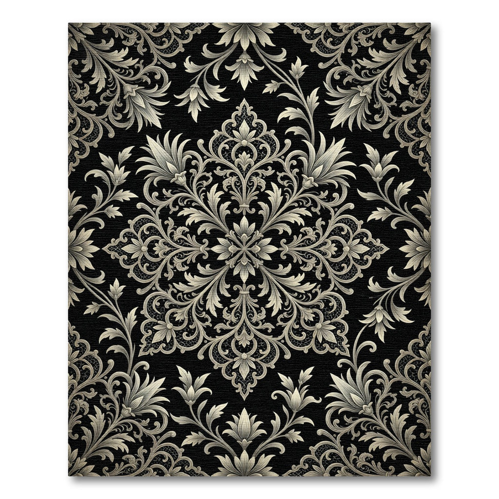Intricate Black Ivory Acanthus Scroll Rug