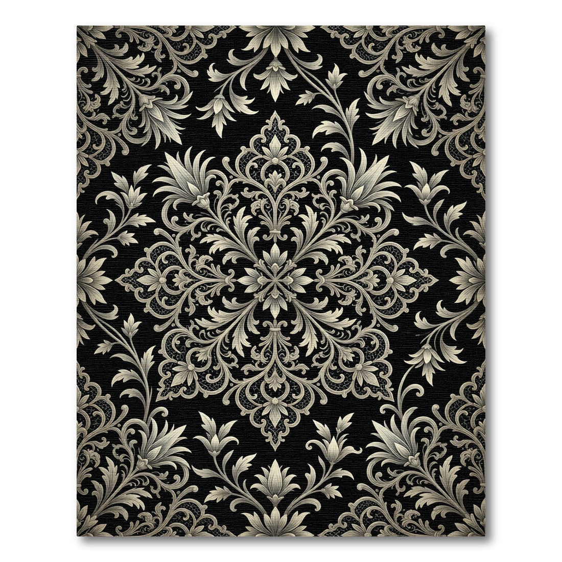 Intricate Black Ivory Acanthus Scroll Rug