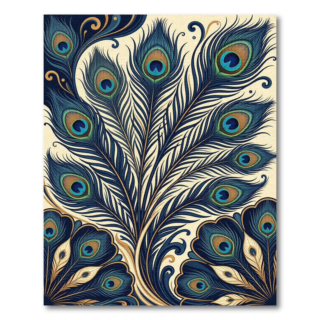 Elegant Navy Peacock Feather Art Deco Rug