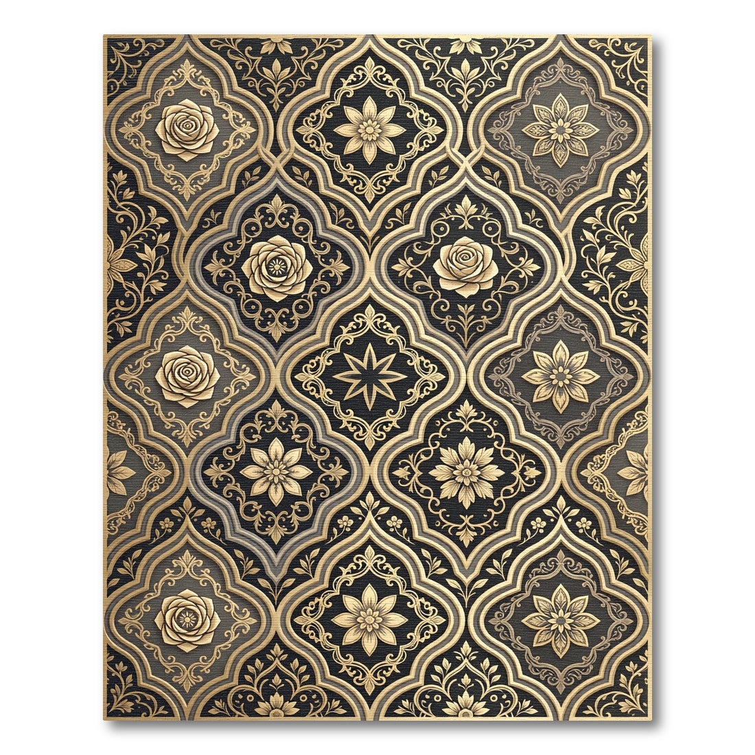 Elegant Gold Rose Damask Medallion Rug