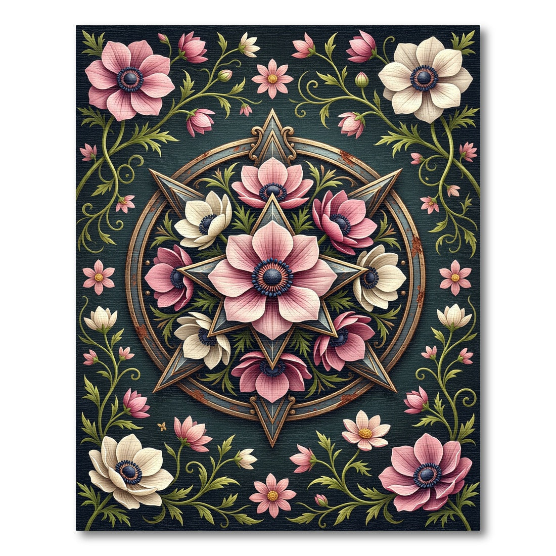 Vintage Dusty Rose Floral Star Medallion Rug