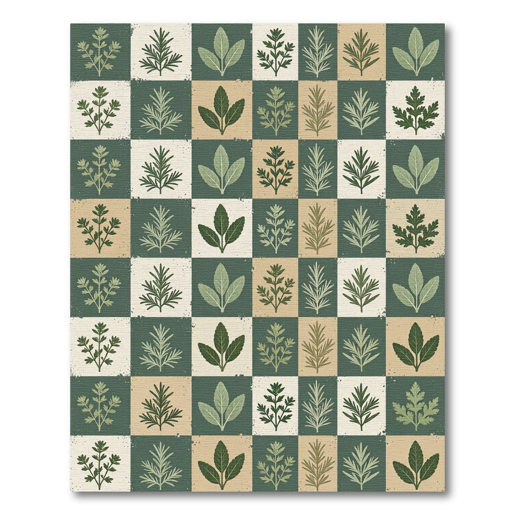 Earthy Green Botanical Checkerboard Rug