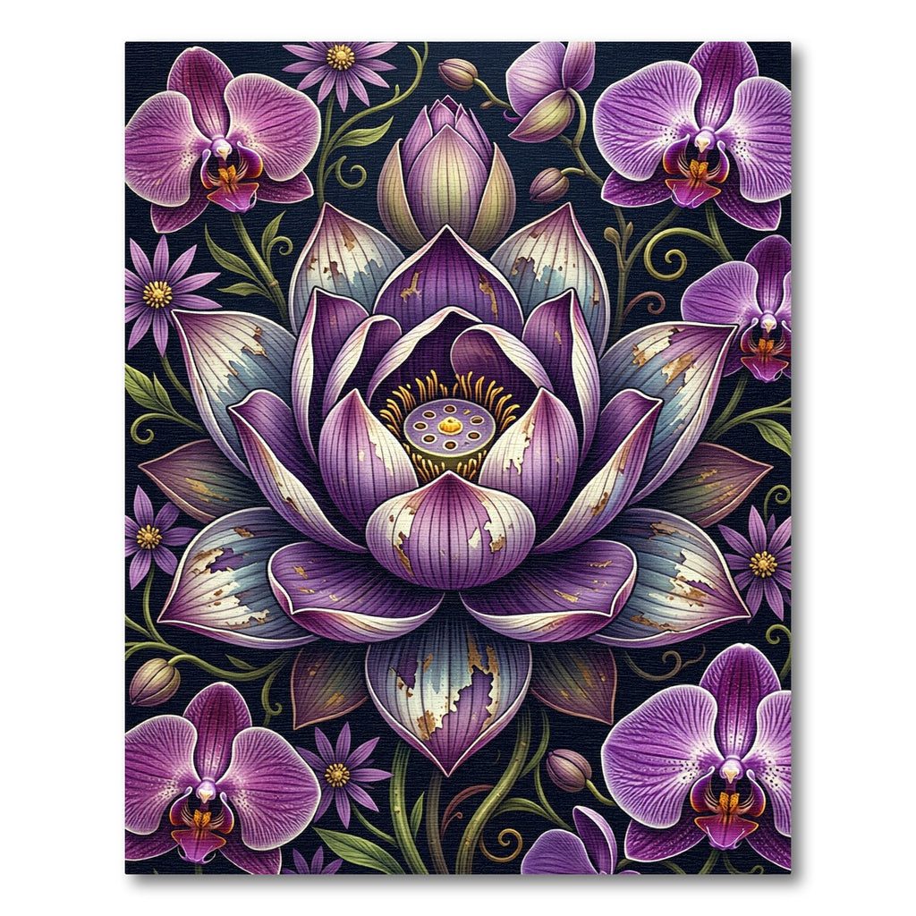 Orchid and Lotus Botanical Purple Art Rug