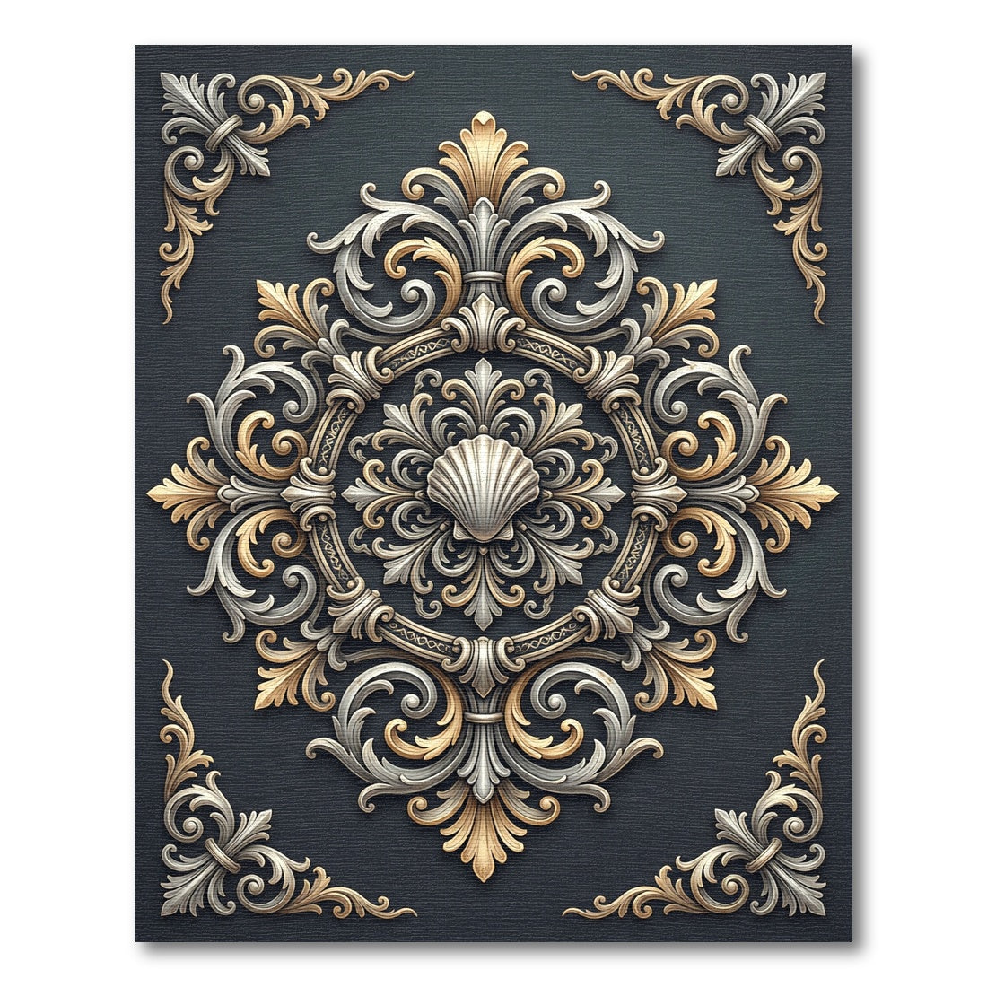 Ornate Shell Medallion Gold Silver Scroll Rug