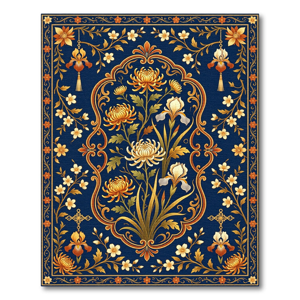 Ornate Gold Chrysanthemum Midnight Floral Rug