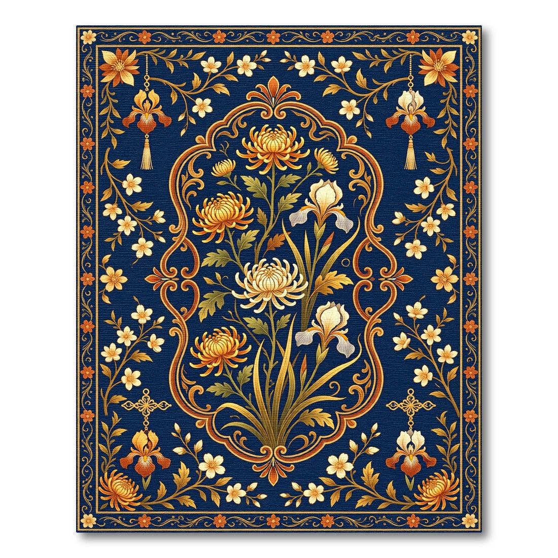 Ornate Gold Chrysanthemum Midnight Floral Rug