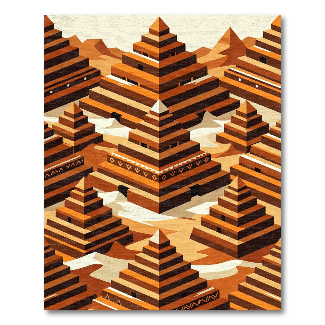 Isometric Terracotta Ziggurat Stepped Geometric Rug