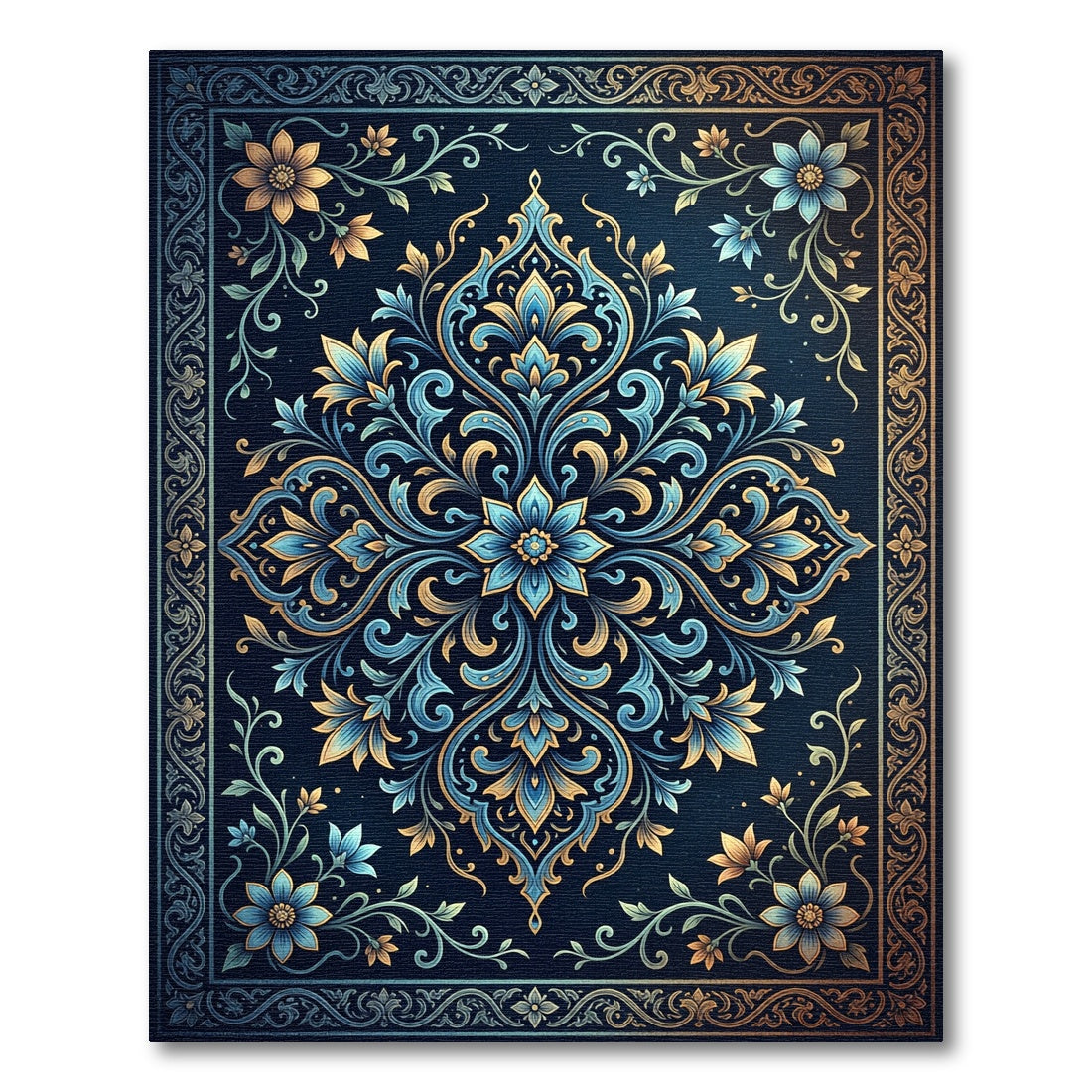 Elegant Blue Floral Gold Damask Art Rug