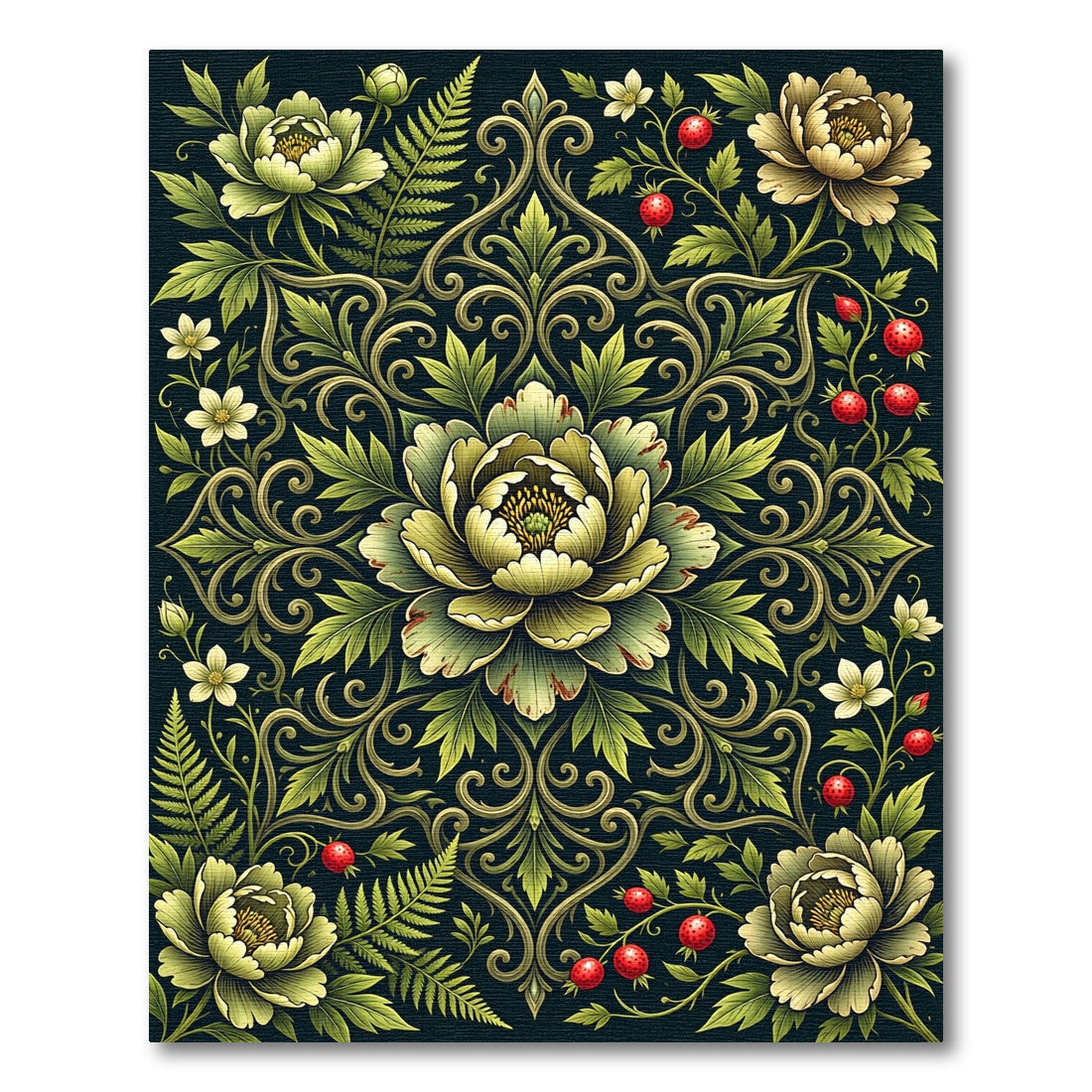 Dark Botanical Peony Fern Strawberry Rug