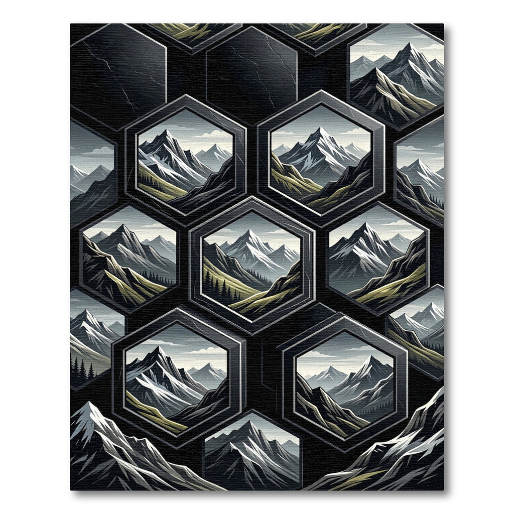 Hexagon Mountain Landscape Black Gray Rug