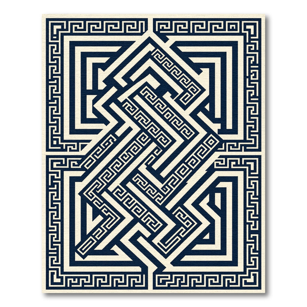 Geometric Navy Blue Greek Key Maze Rug