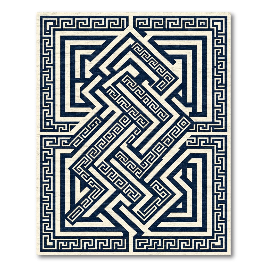 Geometric Navy Blue Greek Key Maze Rug