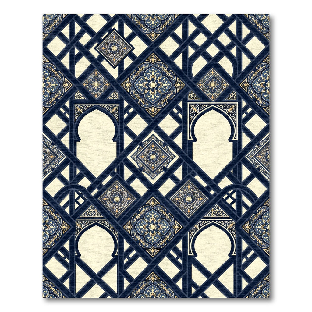 Rich Navy Gold Arch Medallion Lattice Rug