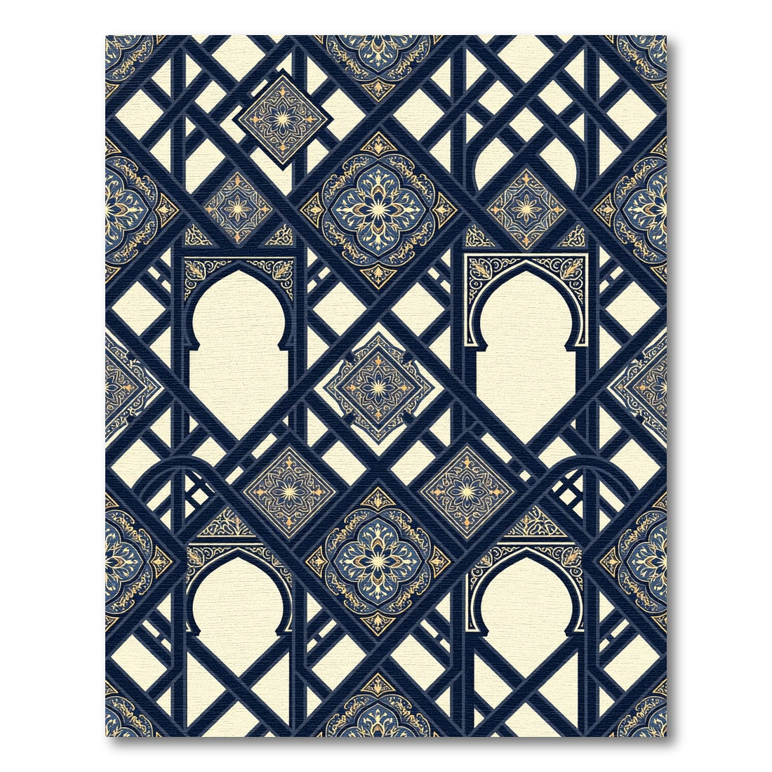 Rich Navy Gold Arch Medallion Lattice Rug
