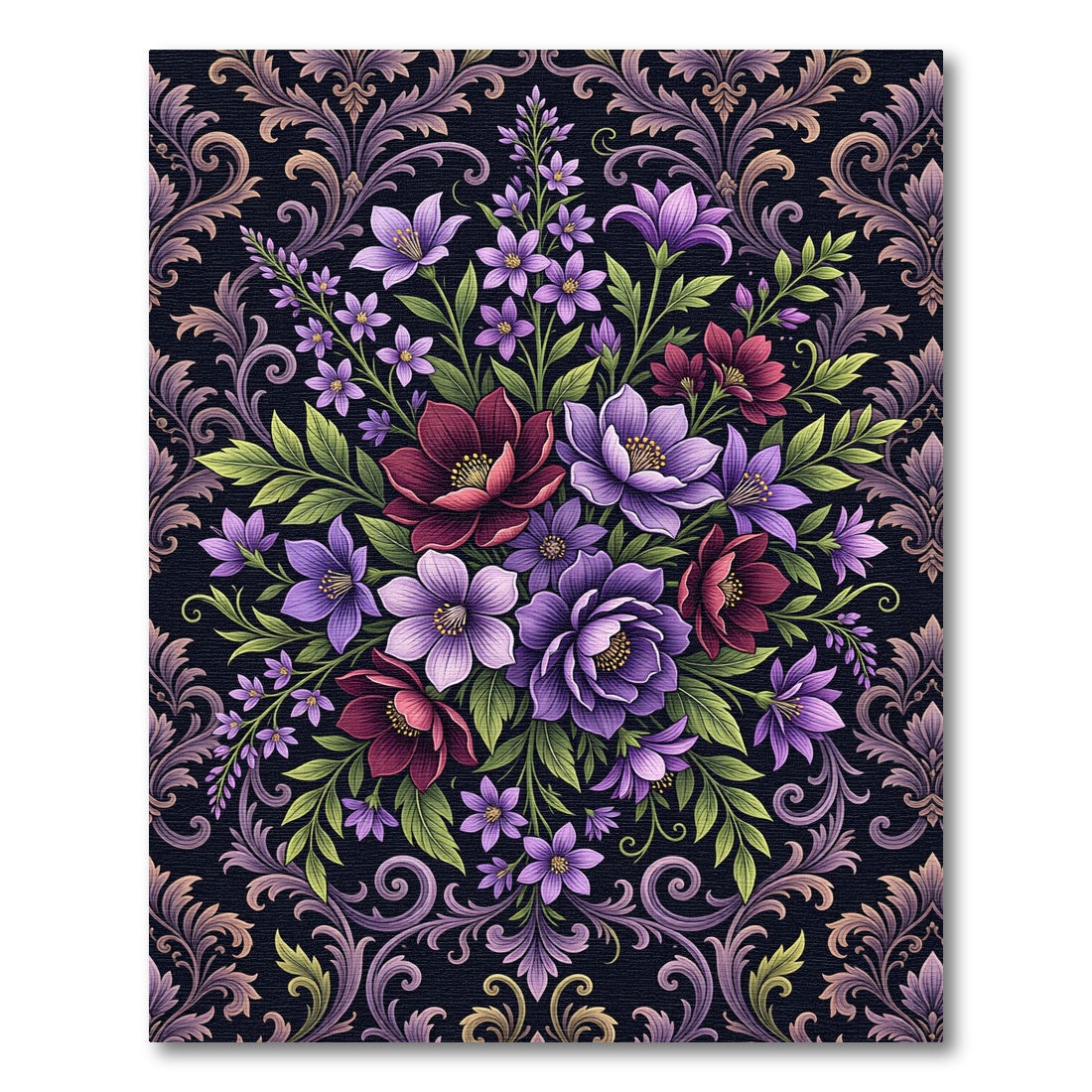 Elegant Purple Botanical Damask Floral Rug