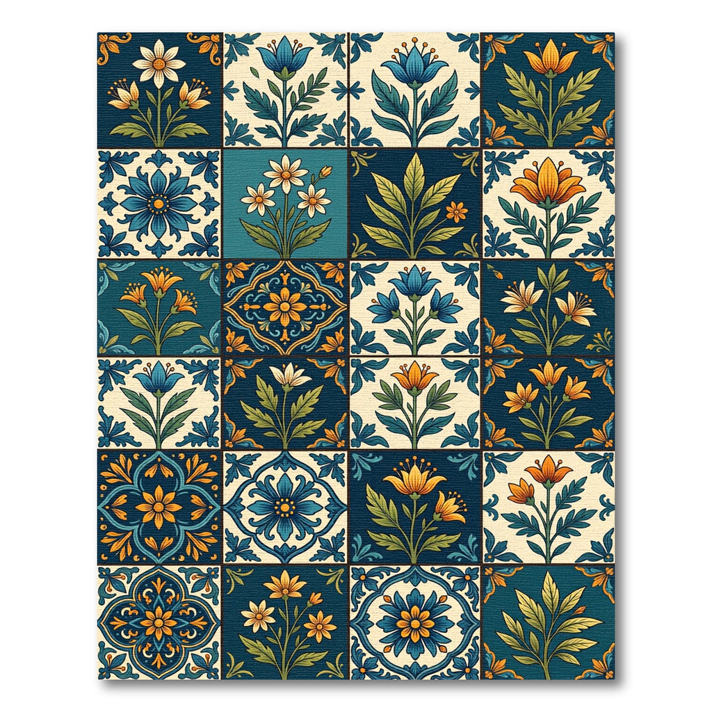 Ornate Cobalt Blue Floral Medallion Tiles Rug