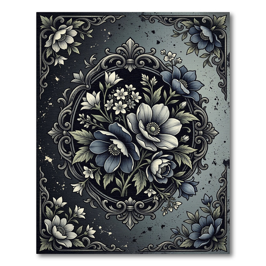 Dark Blue Gray Floral Medallion Rug