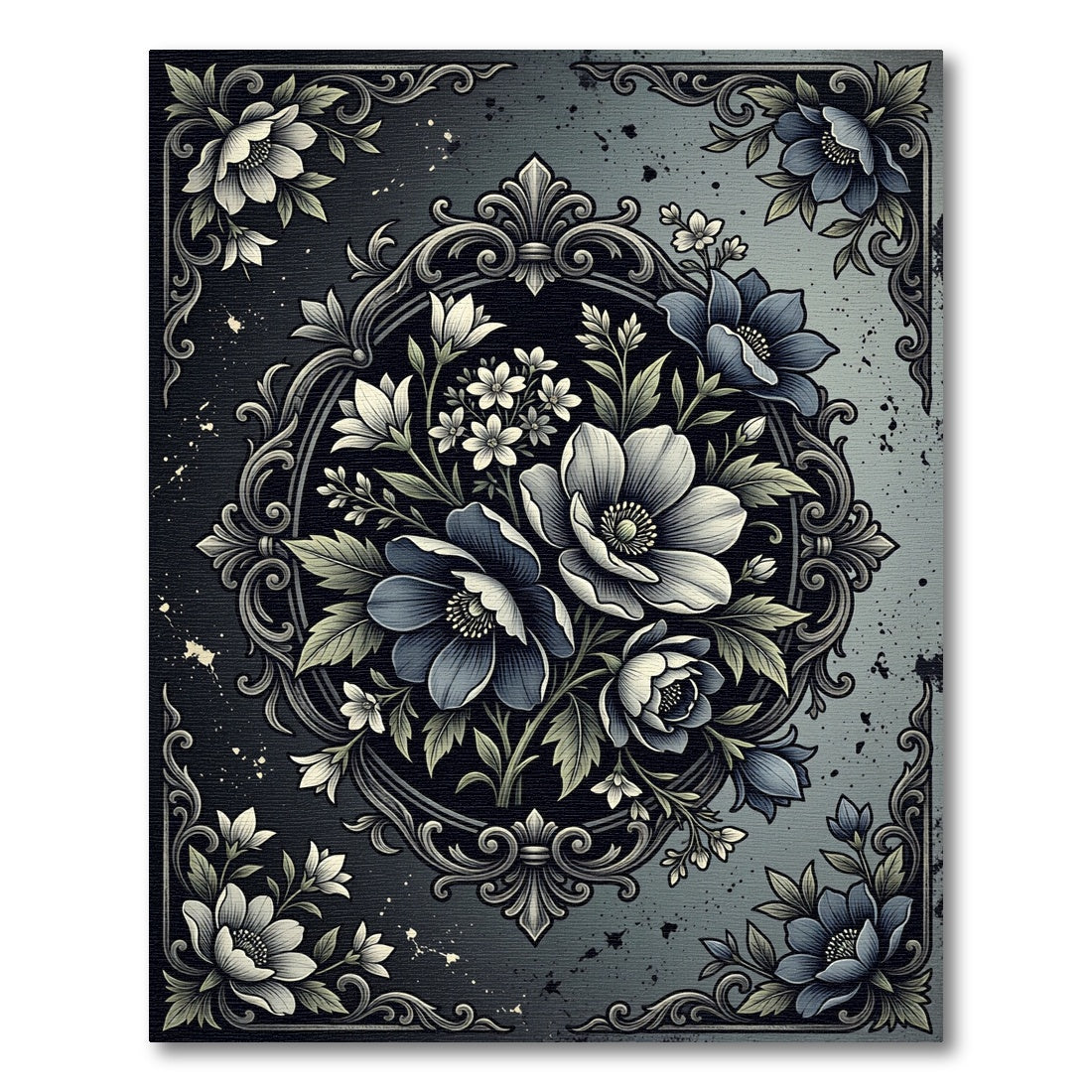 Dark Blue Gray Floral Medallion Rug