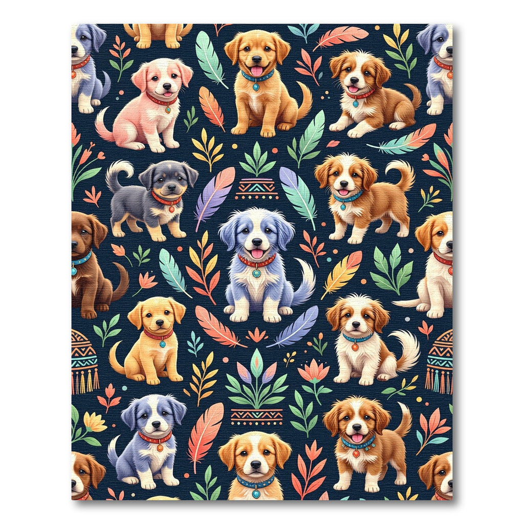 Cute Puppies with Feathers and Foliage Rug