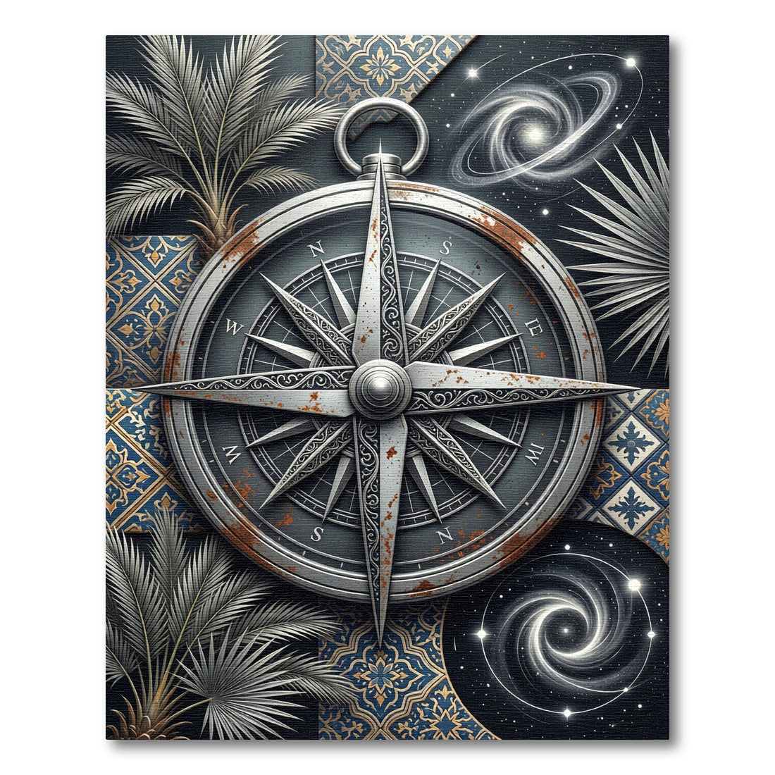 Celestial Compass Palm Navy Gold Rug
