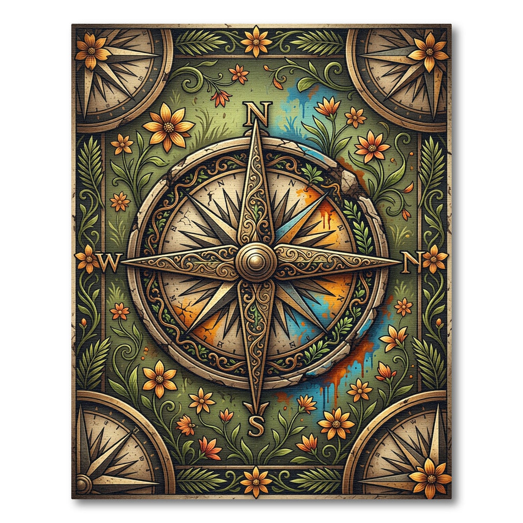 Vintage Golden Compass Floral Botanical Earthy Rug