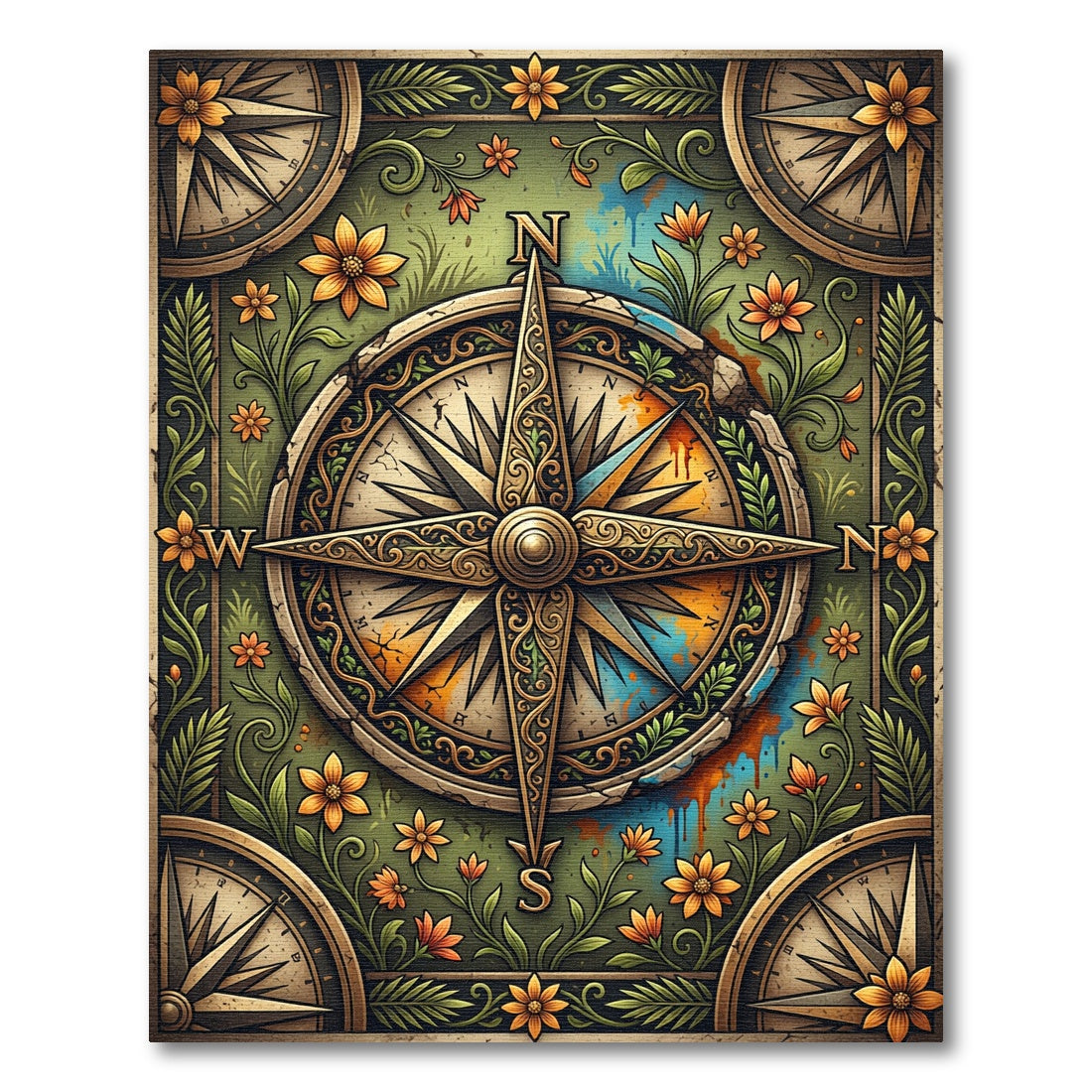 Vintage Golden Compass Floral Botanical Earthy Rug