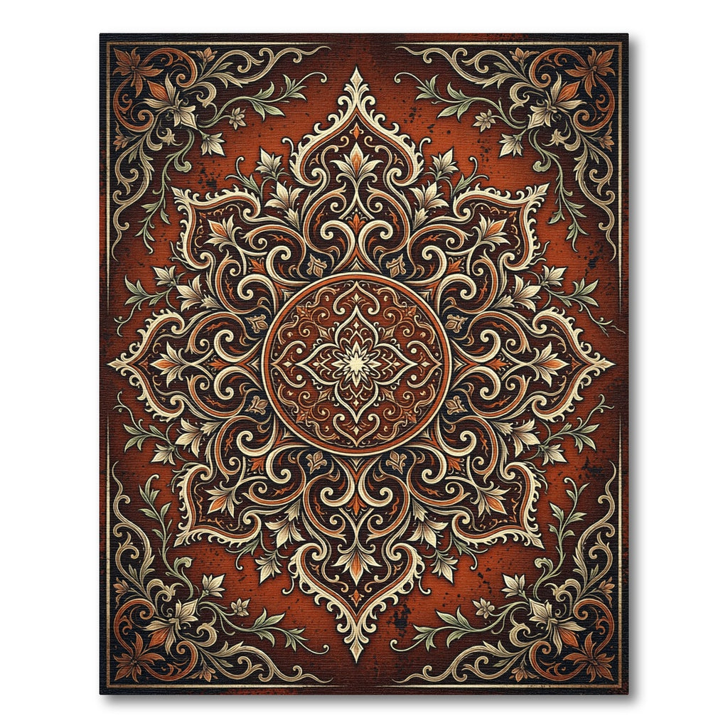 Ornate Terracotta Floral Medallion Scroll Rug