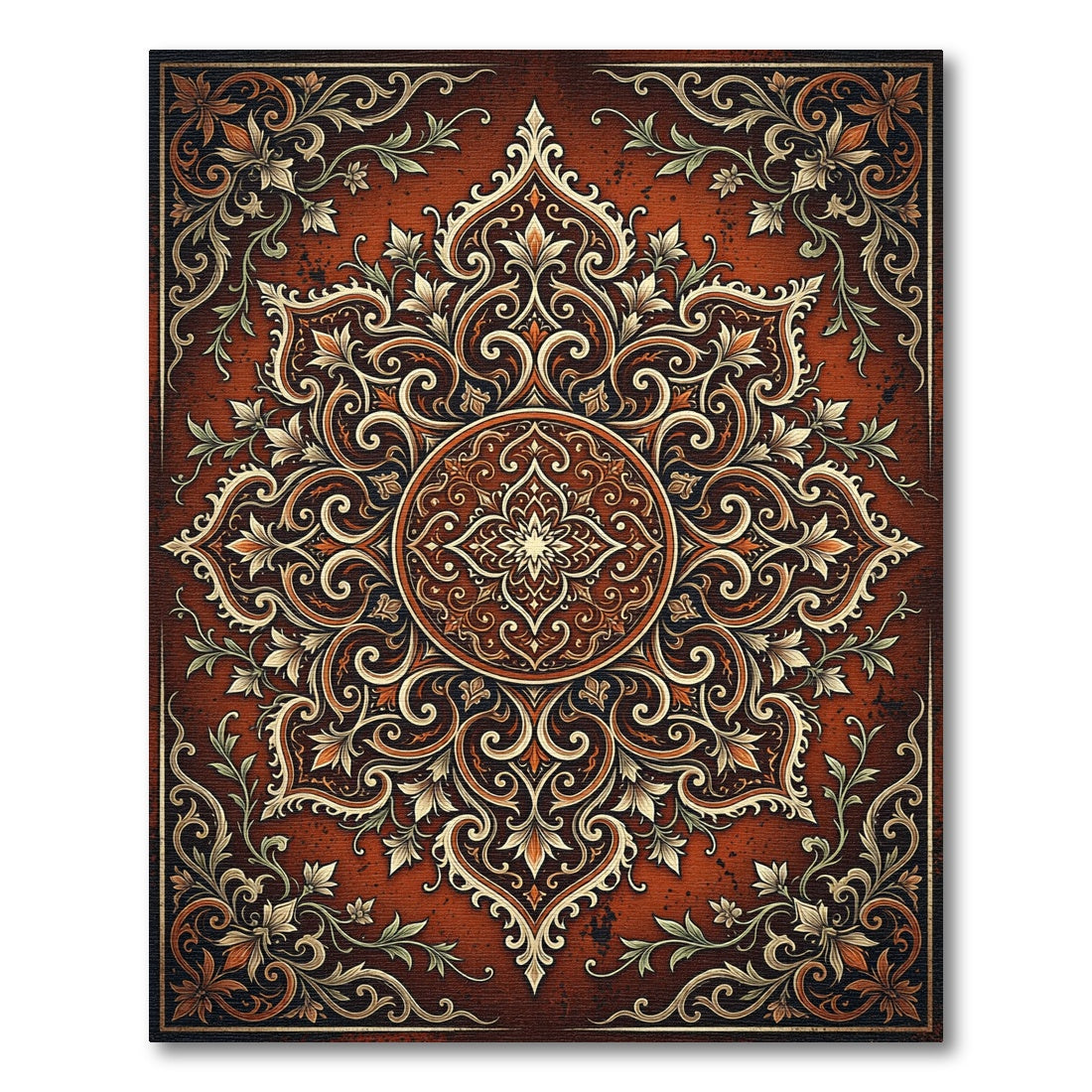 Ornate Terracotta Floral Medallion Scroll Rug