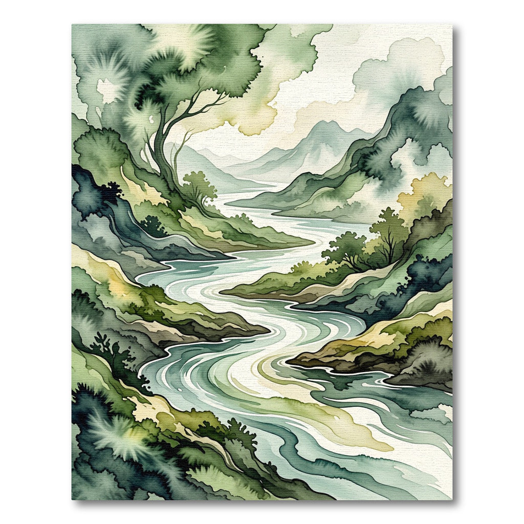 Serene Green Watercolor Landscape River Rug