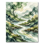 Serene Green Watercolor Landscape River Rug