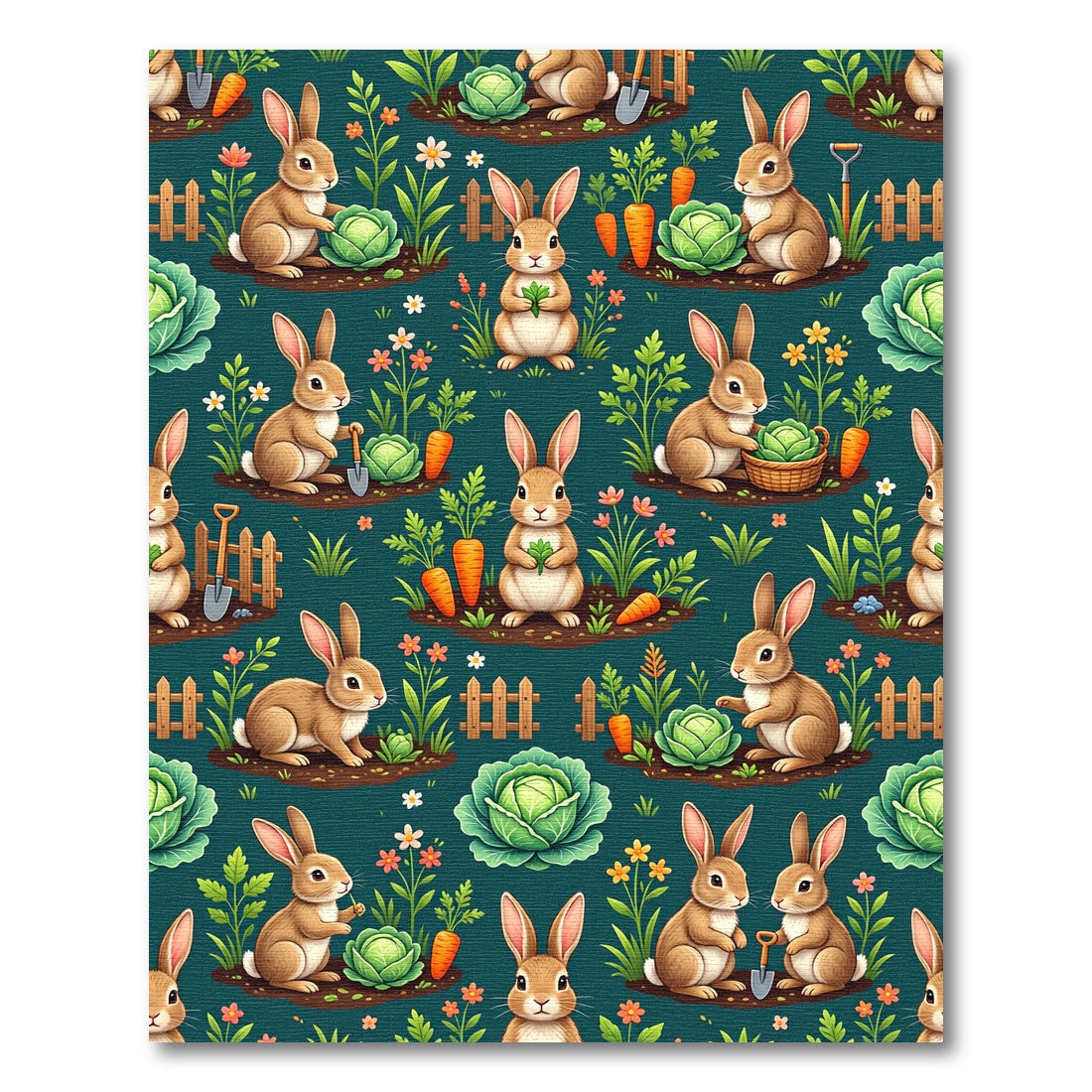 Whimsical Teal Bunny Vegetable Garden Rug
