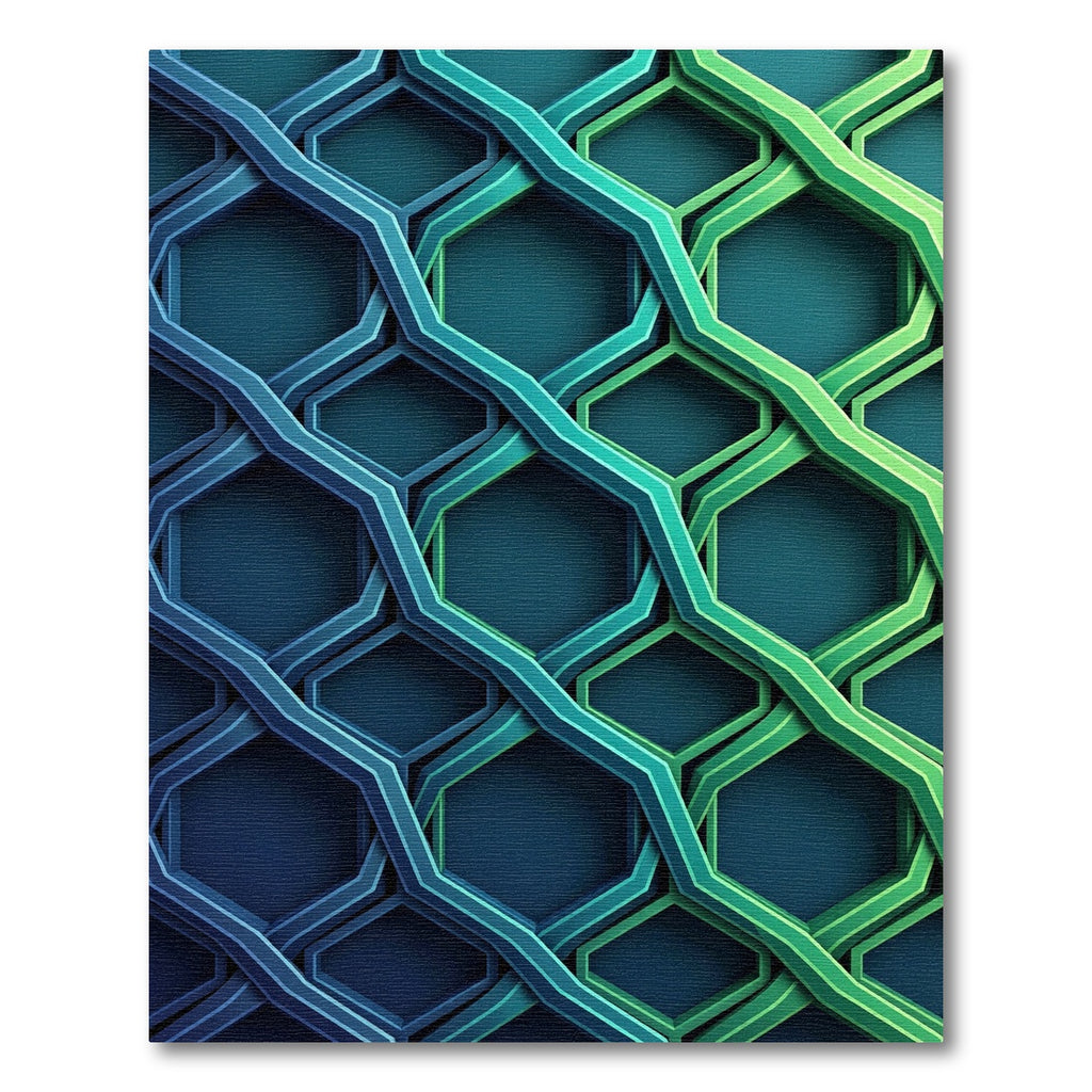 Gradient Blue Green Interlocking Geometric Mesh Rug