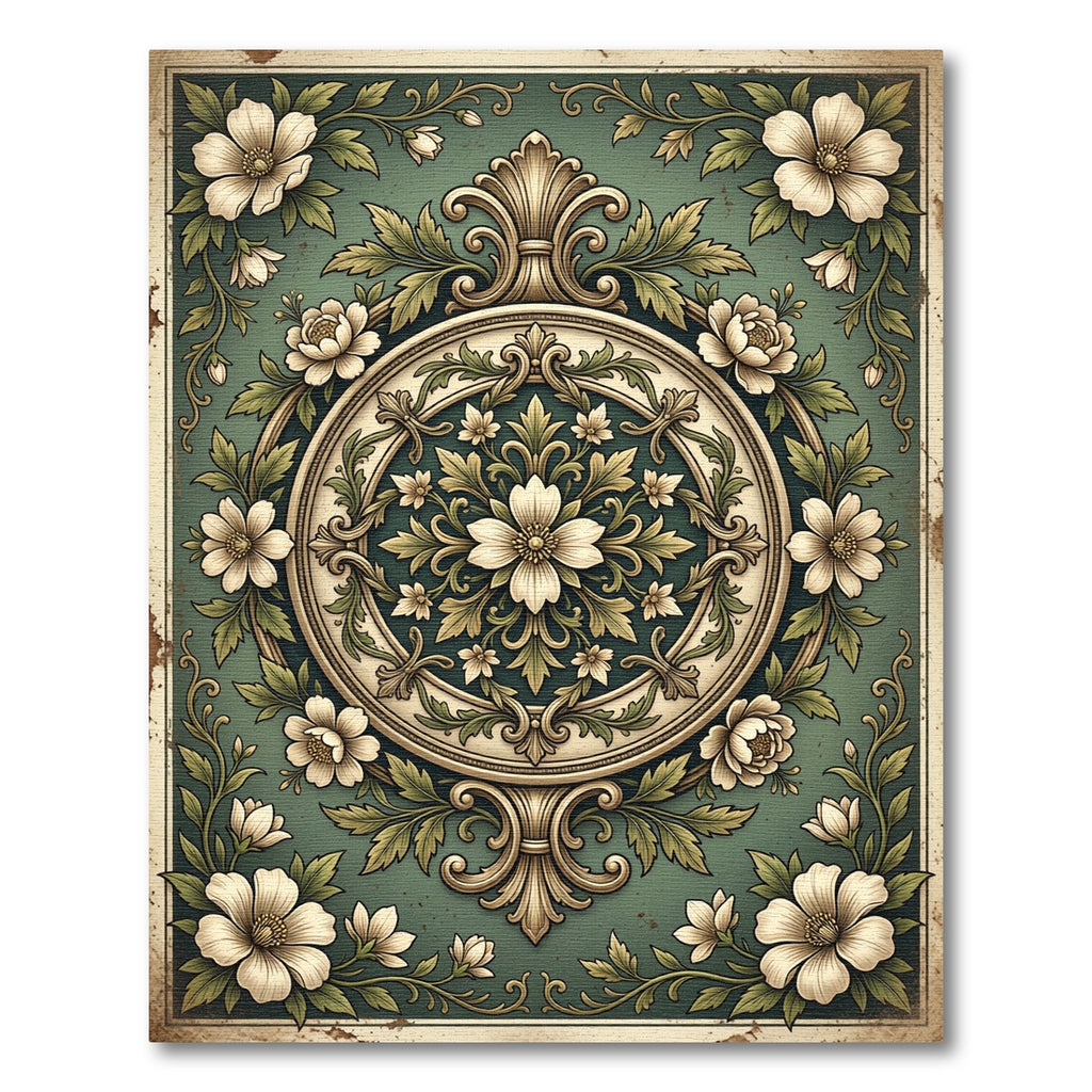Vintage Sage Floral Medallion Scroll Rug
