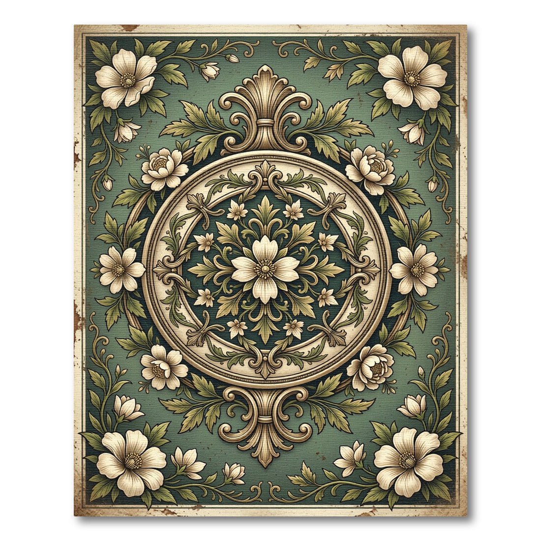 Vintage Sage Floral Medallion Scroll Rug